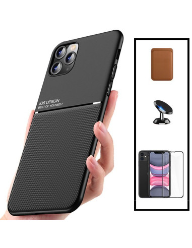 Kit Capa Magnetic Lux + Magnetic Wallet Castanho + 5D Full Cover + Suporte Magnético de Carro para iPhone 11 Pro Max