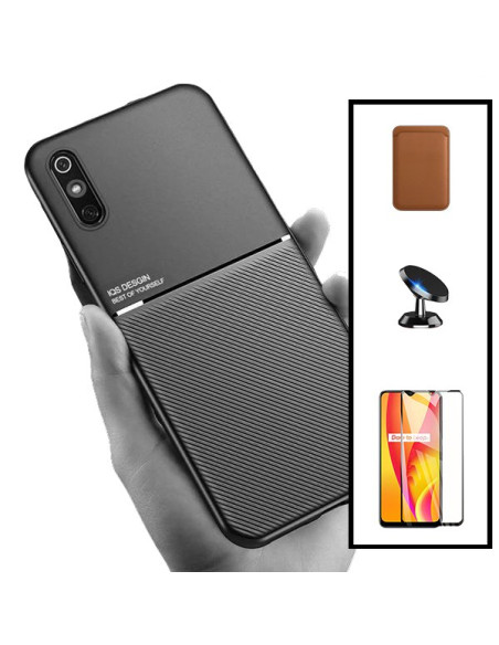 Kit Capa Magnetic Lux + Magnetic Wallet Castanho + 5D Full Cover + Suporte Magnético de Carro para Xiaomi Redmi 9A Sport