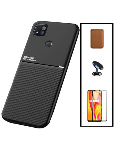 Kit Capa Magnetic Lux + Magnetic Wallet Castanho + 5D Full Cover + Suporte Magnético de Carro para Xiaomi Redmi 9C