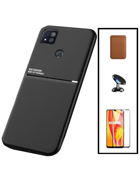 Kit Capa Magnetic Lux + Magnetic Wallet Castanho + 5D Full Cover + Suporte Magnético de Carro para Xiaomi Redmi 9C