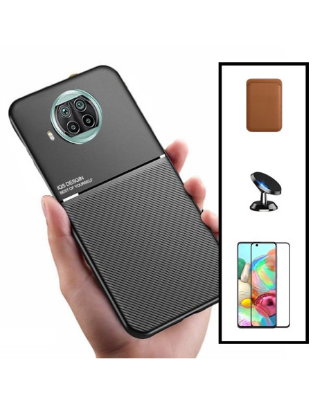 Kit Capa Magnetic Lux + Magnetic Wallet Castanho + 5D Full Cover + Suporte Magnético de Carro para Xiaomi Redmi Note 9 Pro 5G