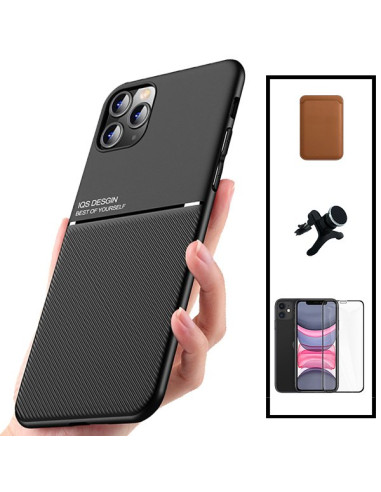 Kit Capa Magnetic Lux + Magnetic Wallet Castanho + 5D Full Cover + Suporte Magnético de Carro Reforçado para iPhone 11