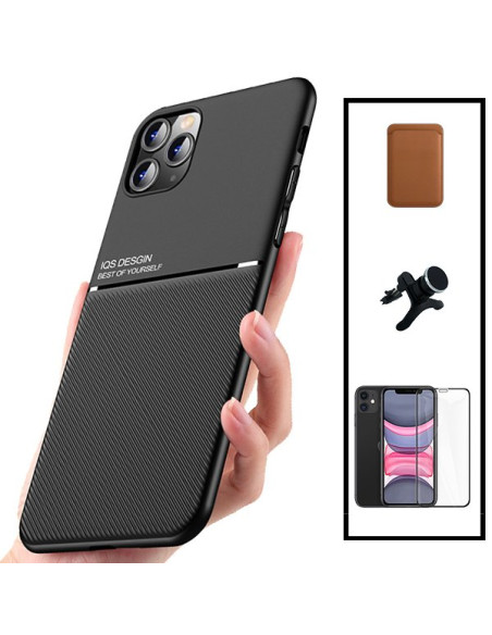 Kit Capa Magnetic Lux + Magnetic Wallet Castanho + 5D Full Cover + Suporte Magnético de Carro Reforçado para iPhone 11