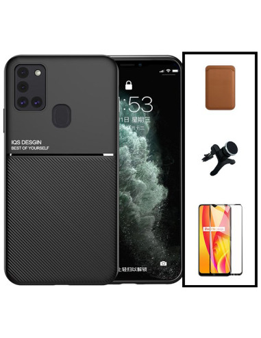 Kit Capa Magnetic Lux + Magnetic Wallet Castanho + 5D Full Cover + Suporte Magnético de Carro Reforçado para Samsung Galaxy M30s