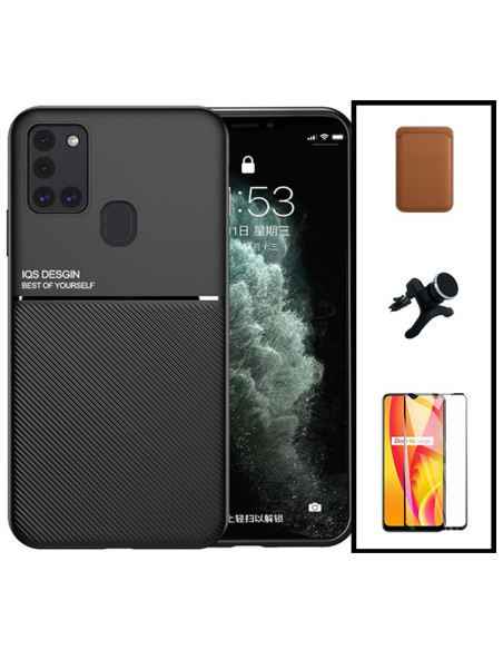 Kit Capa Magnetic Lux + Magnetic Wallet Castanho + 5D Full Cover + Suporte Magnético de Carro Reforçado para Samsung Galaxy M30s