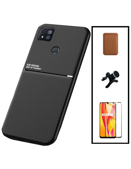 Kit Capa Magnetic Lux + Magnetic Wallet Castanho + 5D Full Cover + Suporte Magnético de Carro Reforçado para Xiaomi Poco C3