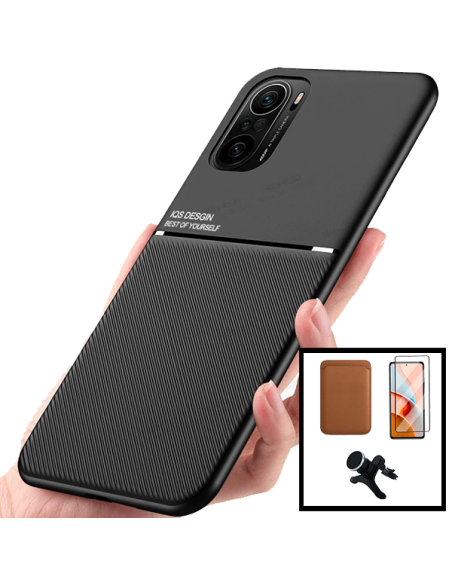 Kit Capa Magnetic Lux + Magnetic Wallet Castanho + 5D Full Cover + Suporte Magnético de Carro Reforçado para Xiaomi Poco F3