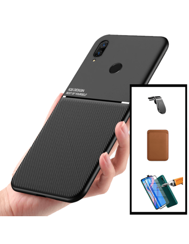 Kit Capa Magnetic Lux + Magnetic Wallet Castanho + 5D Full Cover + Suporte Magnético L Safe Driving para Huawei P Smart Z