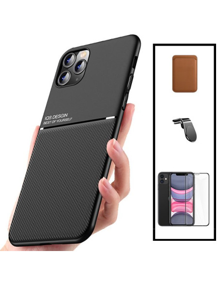 Kit Capa Magnetic Lux + Magnetic Wallet Castanho + 5D Full Cover + Suporte Magnético L Safe Driving para iPhone 12 Pro Max