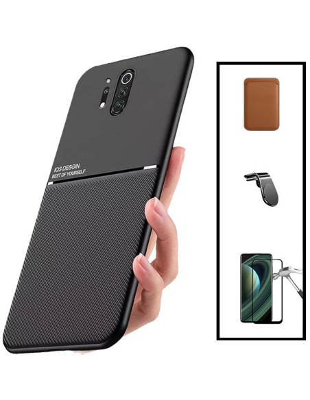 Kit Capa Magnetic Lux + Magnetic Wallet Castanho + 5D Full Cover + Suporte Magnético L Safe Driving para onePlus 8 Pro