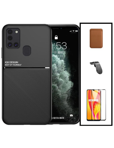 Kit Capa Magnetic Lux + Magnetic Wallet Castanho + 5D Full Cover + Suporte Magnético L Safe Driving para Samsung Galaxy M21