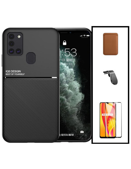 Kit Capa Magnetic Lux + Magnetic Wallet Castanho + 5D Full Cover + Suporte Magnético L Safe Driving para Samsung Galaxy M21