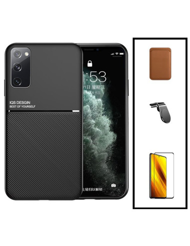 Kit Capa Magnetic Lux + Magnetic Wallet Castanho + 5D Full Cover + Suporte Magnético L Safe Driving para Samsung Galaxy S20+