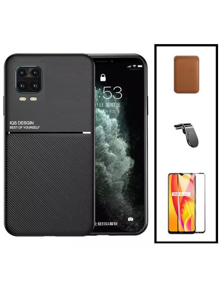 Kit Capa Magnetic Lux + Magnetic Wallet Castanho + 5D Full Cover + Suporte Magnético L Safe Driving para Xiaomi Mi 10 Lite 5G