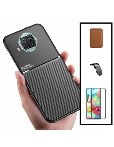 Kit Capa Magnetic Lux + Magnetic Wallet Castanho + 5D Full Cover + Suporte Magnético L Safe Driving para Xiaomi Mi 10i