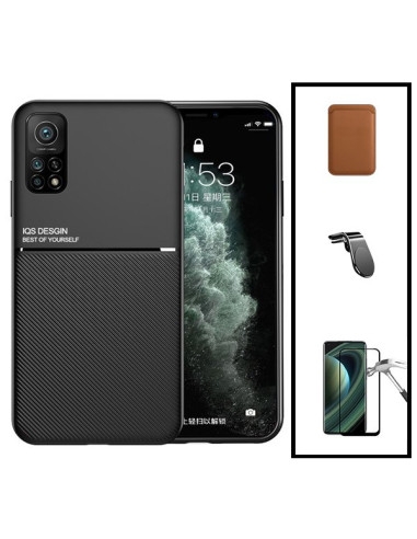 Kit Capa Magnetic Lux + Magnetic Wallet Castanho + 5D Full Cover + Suporte Magnético L Safe Driving para Xiaomi Mi 10T Pro 5G