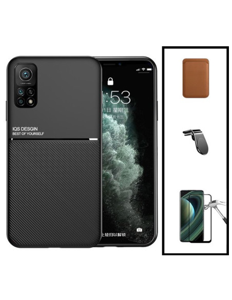 Kit Capa Magnetic Lux + Magnetic Wallet Castanho + 5D Full Cover + Suporte Magnético L Safe Driving para Xiaomi Mi 10T Pro 5G