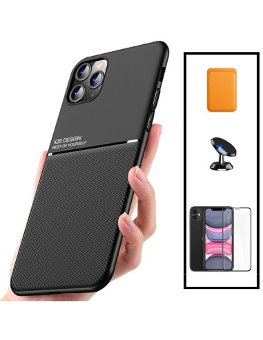 Kit Capa Magnetic Lux + Magnetic Wallet Laranja + 5D Full Cover + Suporte Magnético de Carro para iPhone 11