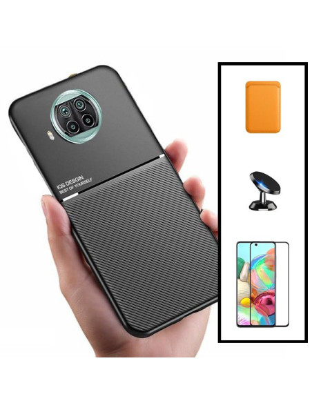 Kit Capa Magnetic Lux + Magnetic Wallet Laranja + 5D Full Cover + Suporte Magnético de Carro para Xiaomi Redmi Note 9 Pro 5G