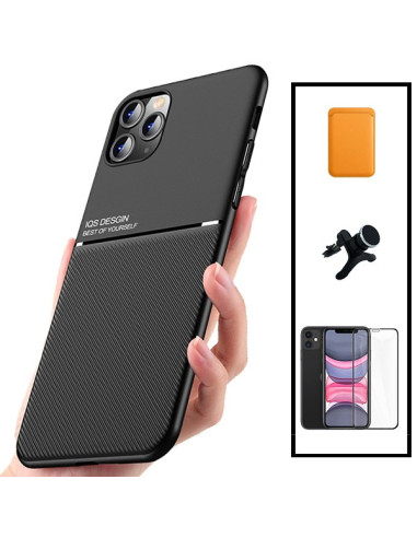 Kit Capa Magnetic Lux + Magnetic Wallet Laranja + 5D Full Cover + Suporte Magnético de Carro Reforçado para iPhone 11