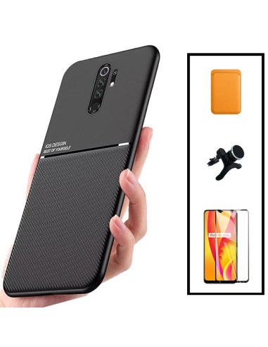 Kit Capa Magnetic Lux + Magnetic Wallet Laranja + 5D Full Cover + Suporte Magnético de Carro Reforçado para Xiaomi Poco M2