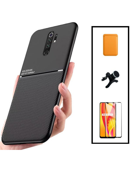 Kit Capa Magnetic Lux + Magnetic Wallet Laranja + 5D Full Cover + Suporte Magnético de Carro Reforçado para Xiaomi Poco M2