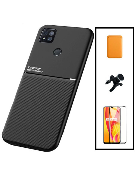 Kit Capa Magnetic Lux + Magnetic Wallet Laranja + 5D Full Cover + Suporte Magnético de Carro Reforçado para Xiaomi Redmi 9C NFC