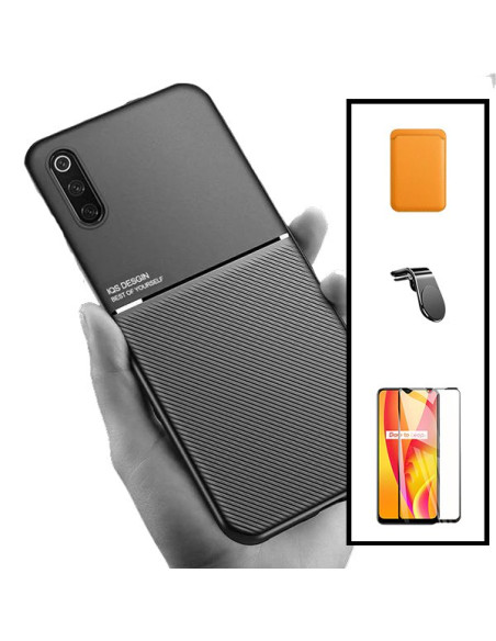 Kit Capa Magnetic Lux + Magnetic Wallet Laranja + 5D Full Cover + Suporte Magnético L Safe Driving para Samsung Galaxy A30s