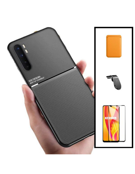 Kit Capa Magnetic Lux + Magnetic Wallet Laranja + 5D Full Cover + Suporte Magnético L Safe Driving para Xiaomi Mi Note 10 Lite