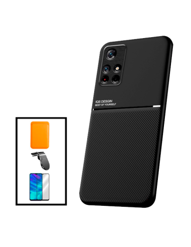 Kit Capa Magnetic Lux + Magnetic Wallet Laranja + 5D Full Cover + Suporte Magnético L Safe Driving para Xiaomi Poco M4 Pro 5G