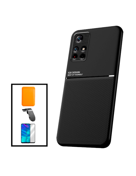 Kit Capa Magnetic Lux + Magnetic Wallet Laranja + 5D Full Cover + Suporte Magnético L Safe Driving para Xiaomi Poco M4 Pro 5G