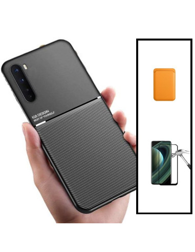 Kit Capa Magnetic Lux + Magnetic Wallet Laranja + 5D Full Cover para onePlus Nord