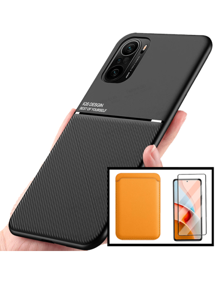 Kit Capa Magnetic Lux + Magnetic Wallet Laranja + 5D Full Cover para Xiaomi Poco F3