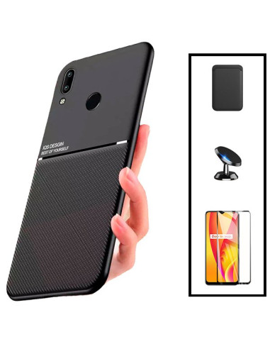 Kit Capa Magnetic Lux + Magnetic Wallet Preto + 5D Full Cover + Suporte Magnético de Carro para Huawei P Smart 2019