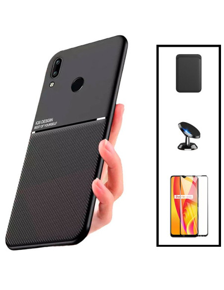 Kit Capa Magnetic Lux + Magnetic Wallet Preto + 5D Full Cover + Suporte Magnético de Carro para Huawei P Smart 2019