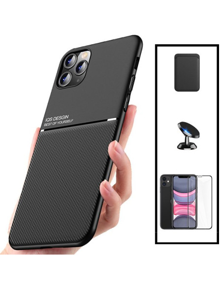 Kit Capa Magnetic Lux + Magnetic Wallet Preto + 5D Full Cover + Suporte Magnético de Carro para iPhone 11