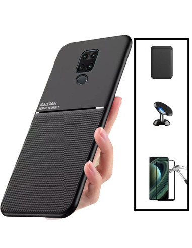 Kit Capa Magnetic Lux + Magnetic Wallet Preto + 5D Full Cover + Suporte Magnético de Carro para Xiaomi Redmi Note 9