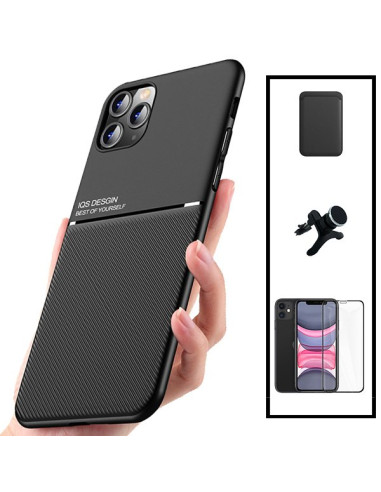 Kit Capa Magnetic Lux + Magnetic Wallet Preto + 5D Full Cover + Suporte Magnético de Carro Reforçado para iPhone 11 Pro