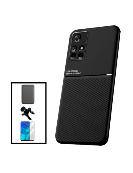 Kit Capa Magnetic Lux + Magnetic Wallet Preto + 5D Full Cover + Suporte Magnético de Carro Reforçado para Xiaomi Poco M4 Pro 5G