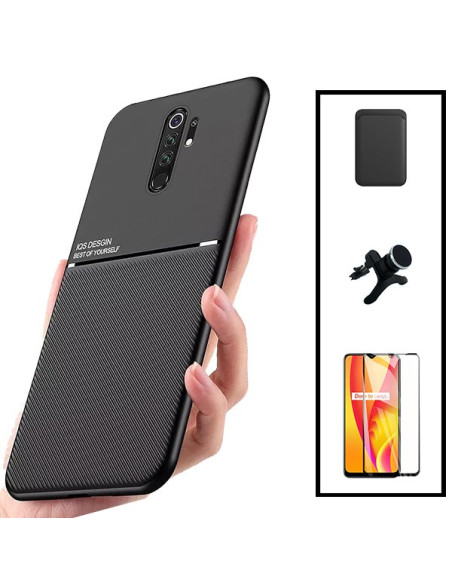 Kit Capa Magnetic Lux + Magnetic Wallet Preto + 5D Full Cover + Suporte Magnético de Carro Reforçado para Xiaomi Redmi 9 Prime