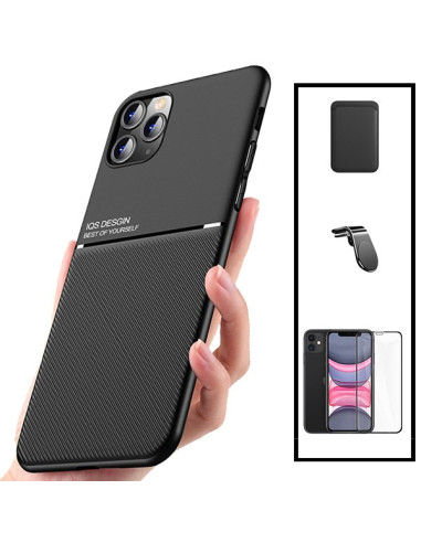 Kit Capa Magnetic Lux + Magnetic Wallet Preto + 5D Full Cover + Suporte Magnético L Safe Driving para iPhone 12 Pro Max