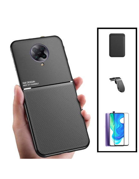 Kit Capa Magnetic Lux + Magnetic Wallet Preto + 5D Full Cover + Suporte Magnético L Safe Driving para Xiaomi Redmi K30 Pro