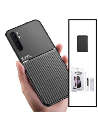 Kit Capa Magnetic Lux + Magnetic Wallet Preto + Película de Vidro Nano Curved UV para Xiaomi Mi Note 10 Lite