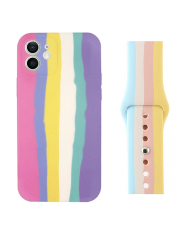 Kit Capa Silicone Líquido + Bracelete SmoothSilicone Rainbow para iPhone 12 / Apple Watch Series SE - 40MM