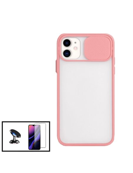 Kit Capa Slide Window Anti Choque Frosted + Película 5D Full Cover + Suporte Magnético de Carro para iPhone 12 Pro Max - Rosa