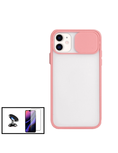 Kit Capa Slide Window Anti Choque Frosted + Película 5D Full Cover + Suporte Magnético de Carro para iPhone XS - Rosa