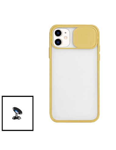 Kit Capa Slide Window Anti Choque Frosted + Suporte Magnético de Carro para iPhone 11 - Amarelo