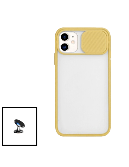 Kit Capa Slide Window Anti Choque Frosted + Suporte Magnético de Carro para iPhone 11 - Amarelo