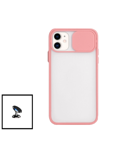 Kit Capa Slide Window Anti Choque Frosted + Suporte Magnético de Carro para iPhone 12 Pro Max - Rosa