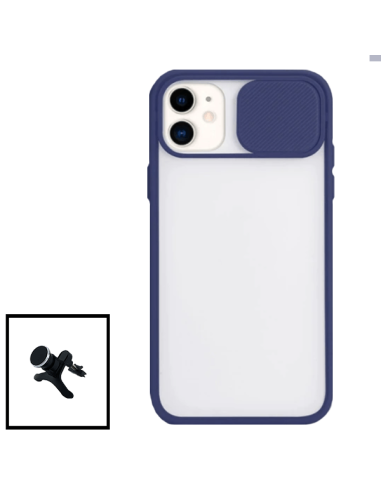 Kit Capa Slide Window Anti Choque Frosted + Suporte Magnético Reforçado de Carro para iPhone 11 Pro Max - Azul Escuro